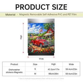 Generic Farmhouse Red Truck Magnetic Dishwasher Cover American Flag Retro Floral Daisy Dishwasher Magnet Cover Panel Decal Refrigerator Vinyl Door Cover 23"" x 26"" Magnetic