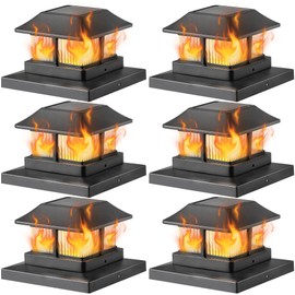 Dynaming Solar Flame Post Cap Lights Outdoor, Solar Powered Fence Post Light, Flickering Flame LED Lantern Lamps Waterproof for Garden Deck Patio, Fit 4x4, 5x5 or 6x6 Vinyl/Wooden Posts, 6 Pack