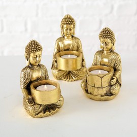 Baby Buddha Tea Light Holders, Set of 3, Gold, Hand Rubbed Artisan Gilt Finish, Black Patina, Cast Poly Resin, 5 1/2 Inches Tall