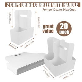 Drink Carrier with Handle for 2-Cup Kraft Paperboard Handled Coffee Cup Holder Take Out Cup Cup Carriers 20 Count White
