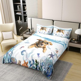 Feelyou Boys Girls Ocean Comforter Cover Queen(No Comforter), Cute Dog Marine Life Bedding Set Beach Coastal 100% Cotton Duvet Cover Kids Sea Underwater World Teens Bedroom Decor with 2 Pillow Case