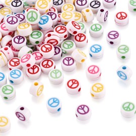 200 abalorio acrílicas con signo de paz, opacas, redondas, blancas, con símbolos coloridos al azar, abalorio espaciadoras acrílicas para hacer collares, pulseras, arete, joyas, manualidades, agujero