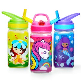 Home Tune 15oz Kids Water Drinking Bottle - BPA Free, Wide Mouth, Flip Sip Top, Easy Open, Lightweight, Leak-Proof Water Bottle with Cute Design For Girls & Boys - 3 Pack Unicorn & Fairy & Mermaid
