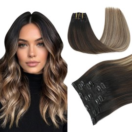 PINKPEARL Clip in Hair Extensions Real Human Hair #1B/4/27 Balayage Natural Black to Chocolate Brown and Caramel Blonde Clip in Hair 7pcs 120g 18inch Human Hair Extensios Clip ins(#1B/4/27-18)