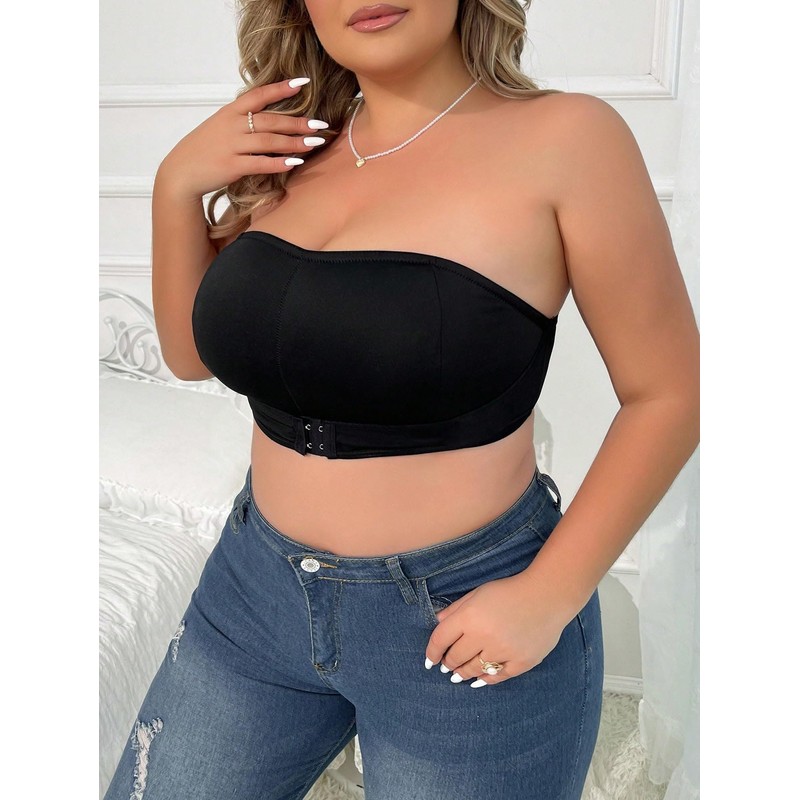 WDIRARA Women's Plus Size Solid Button Front Bandeau Bra Strapless