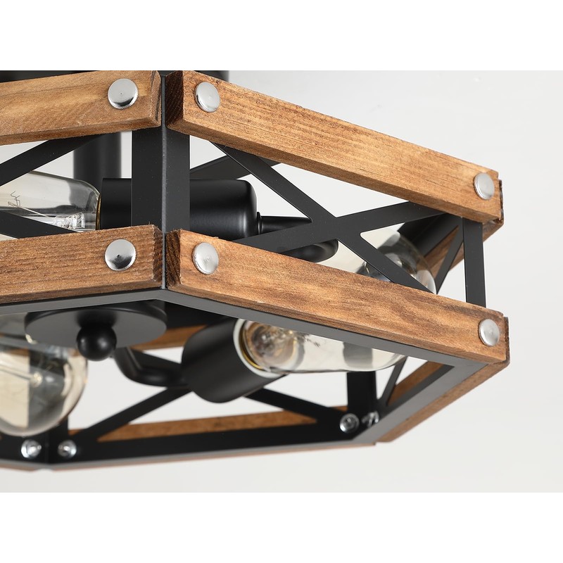 3-Light Rustic Farmhouse Wood Flush Mount Ceiling Light Fixture Oak