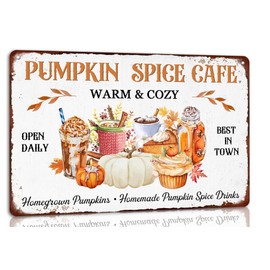 Pumpkin Spice Cafe Warm and Cozy Fall Metal Tin Sign Retro Wall Decor For Home Cafes Farmhouse Kitchen Plaque Retro Art Wall Decor 8x12 Inch