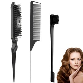 3 Pcs Slick Back Hair Brush Set - Double Sided Edges Brush, Rat Tail Comb & Bristle Hair Brush for Women, Hairdressers, Salon Styling (Black)