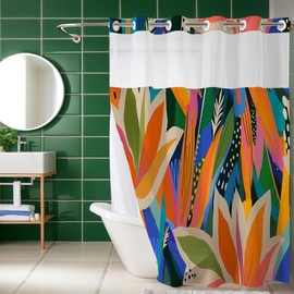 Tropical Jungle Shower Curtain No Hooks, Boho Floral Shower Curtains Double with Snap in Liner, Waterproof Fabric Fun Bath Curtain with Mesh Top Window, Colorful Abstract Decor for Bathroom 71" X 74"