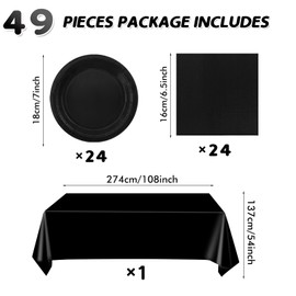 Juhap 49Pcs Black Birthday Party Decorations Black Party Supplies Set Include 24 Plates 24 Napkins and 1 Tablecloth, Disposable Black Tableware for Birthday Wedding Graduation Baby Showers Party