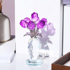 Crystal Rose Purple Flower Figurine Collectible Rose Bouquet Floral Gifts for Women Mum, Glass Purple Flower Ornament Gifts for Birthday Valentine's Christmas Mother's Day