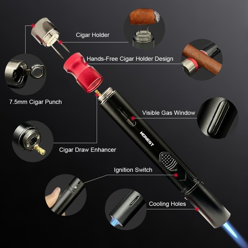Butane Cigar Torch Lighter with Fuel Window Powerful Jet Flame