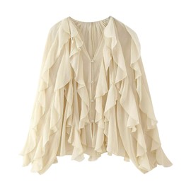 AKODOZO Womens Ruffle Chiffon Blouse Trendy Semi Sheer V Neck Top Long Sleeve Button Down Oversized Shirts Beige