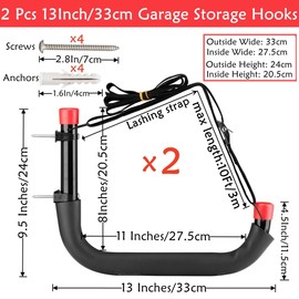 Heavy Duty Garage Hooks, 33cm Ladder Storage Hook, Wall Mounted Hanger Garage Wall Hooks for Garden Tools, Bike, Kayak, Surfboard, Ski, Ladder, Folding Chairs (33cm, Pack of 2)