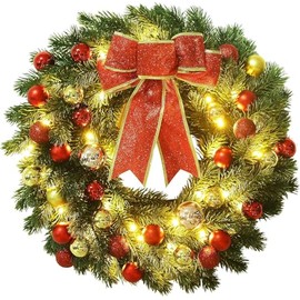 Lulu Home Pre-lit Christmas Wreath with Hook, 16 Inch Battery Operated Christmas Wreath Decorative Christmas Balls Hanging Ornament, Artificial Door Wreath 40 Clear LED Lights