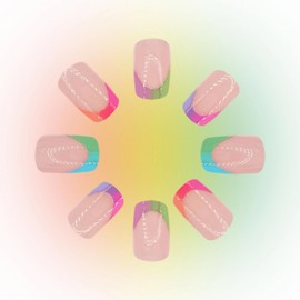 MISUD Press on Nails - Short Square Glue on Nails with Colorful French Tip, Acrylic Summer Rainbow Design 24 pcs