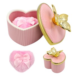 Large Body Powder Puff and Container, Ceramics Dusting Powder Container with 2 PCS Washable Heart Shaped Body Puff, Butterfly Dusting Case for Wet and Dry Makeup (Pink)