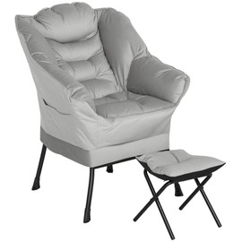 HOMCOM Modern Lazy Chair with Ottoman, Fabric Lounge Accent Chair, Leisure Sofa Armchair with Armrests, Side Pockets, Upholstered Reading Chair and Footstool Set for Living Room, Bedroom, Light Gray