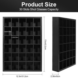 AGJIDSO Shot Glass Display Case 2Pack, 30 Slots Shot Glass Holder Wall Mounted, Solid Wood Shadow Box with Removable Shelves, Shot Glass Storage Case, Shot Glasses Shelf, Black