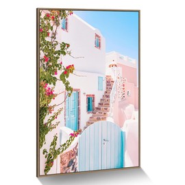 Modern City Scenery Canvas Painting: Framed Santorini Blue White Building Prints Greece Town Street Artwork Romantic Nature Landscape Wall Art Blossom Florals Plant Picture for Bathroom