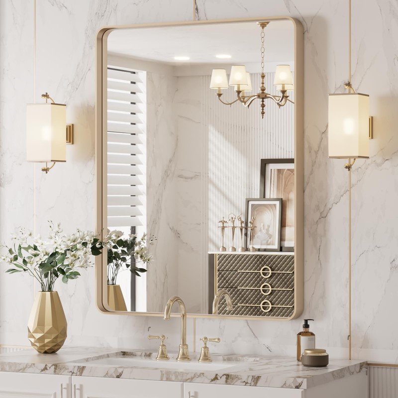 LOAAO 24”X32” Gold Bathroom Mirror, Rounded Rectangle Gold Frame Mirror,