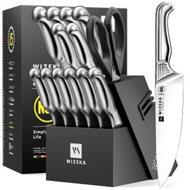 WIZEKA Kitchen Knife Set with Block: 15PCS German Stainless Steel Knife Block Set,One-Piece Design Knives Set for Kitchen, Professional Knife Set with Built-in Sharpener,Starry Sky Series