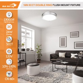 Run Bison 16IN Double Ring Flush Mount Ceiling Lights, 24W, 1900LM,with 5CCT 2700K-5000K Adjustable, Dimmable LED Ceiling Light Fixtures for Hallway, Bedroom, Kitchen, ETL Listed - 1PK