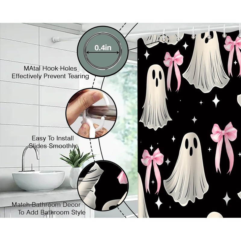 FJLLFJ Halloween Ghost Shower Curtain,Cute Spooky Bow Festival Black White