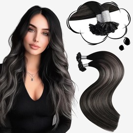 Moresoo Silver U Tip Hair Extensions Black and Silver Balayage Hot Fusion Hair Extensions Long and Soft 20 inch 50g/50s