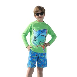 Swim Trunks with Compression Liner Sets,Toddler Boys Rash Guard Sets,Rash Guard with UPF 50+ Sun Protection 7T Blue Green Shark
