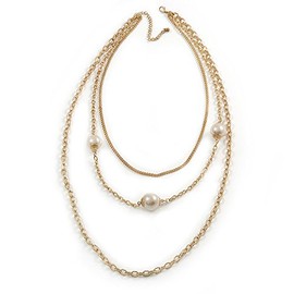 Avalaya Layered Multistrand Gold Tone Chain with White Faux Pearl Necklace/76cm L/ 8cm Ext