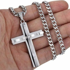 Fashion Jewelry large CROSS CRUCIFIX JESUS pendant 24" 925 Sterling Silver Necklace Gift men