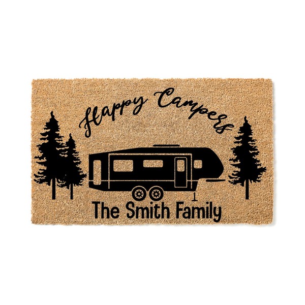 WoodByStu Happy Campers, Last Name, Closing Gift, Real Estate, Doormat,