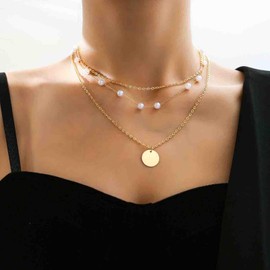 Yheakne Boho Layered Chain Necklace Vintage Pearl Chain Collar Necklace Tiny Disc Pendant Necklace Gold Round Coin Choker Necklace Jewelry for Women