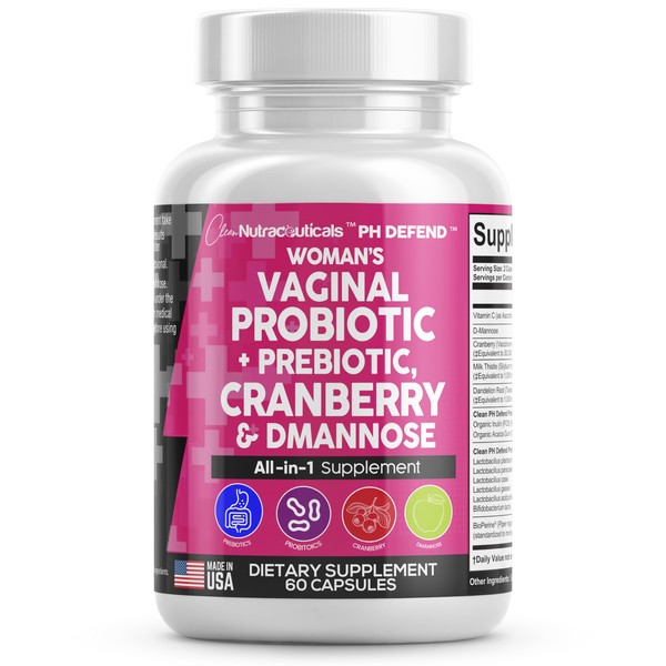 Clean Nutraceuticals Vaginal Probiotics for Women + Prebiotics 20 Billion Cranberry Pills 30,000mg w/D-Mannose 500 mg for Urinary Tract Health pH Balance - Womens Vitamins for Vaginal Health