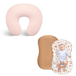 Muslin Baby Lounger Cover, 2 Pack Muslin Cotton Newborn Lounger Cover for Girls Boys, Muslin Cotton Baby Nursing Pillow Cover, Removeable Breastfeeding Pillow Slipcover, Brown Hat and Pink