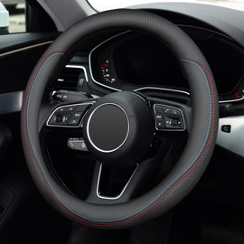Nappa Premium Leather Steering Wheel Cover, Non-Slip, Breathable, Universal 14.5-15 inch Car Steering Wheel Protector for Women Men, Anti-Slip, Black