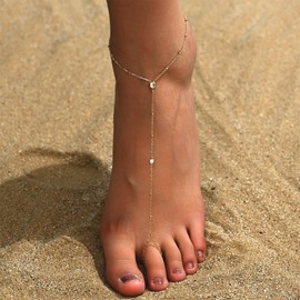AVEKENY 18K Gold Plated Ankle Bracelets for Women Dainty Cubic Zirconia Adjustable Satellite Chain Bead Toe Ring CZ Anklet Trendy Waterproof Summer Beach Foot Jewelry