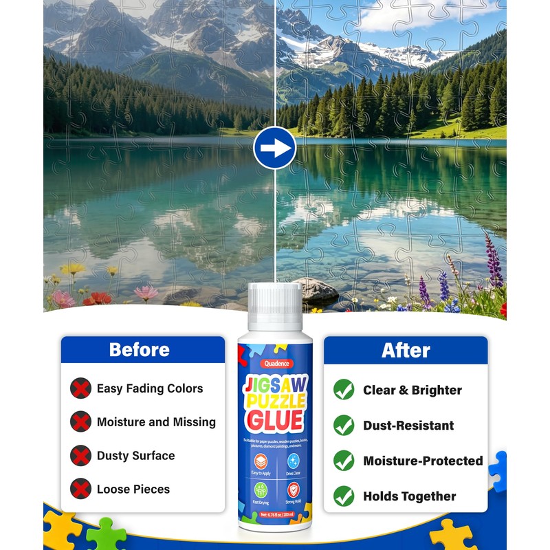 Quadence Jigsaw Puzzle Glue, 200ML Clear Sealer with Sponge Applicator