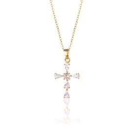 DOSMINE 18K Gold Cross Necklace Cubic Zirconia Cross Religious Pendant Necklace Gemstone Cross Pendant Necklace Jewelry Gift