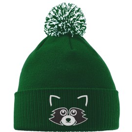 Hippowarehouse Cute Raccoon Face Embroidered Beanie Hat with Bobble Bottle Green