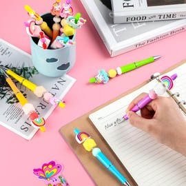 Ctosree 12 Set Plastic Beadable Pens Kit Assorted Bead Pens Wood Round Spacer Set Black Ink DIY Ballpoint Pen Making Kit with Beads for Women Men Gift School Office Supplies(Rainbow Unicorn)