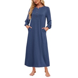 ETOSELL Womens Cotton Long Sleeve Nightgowns Soft Ladies Sleep Shirts Button V Neck Full Length Night Shirts Sleepwear with Pockets Dark Blue