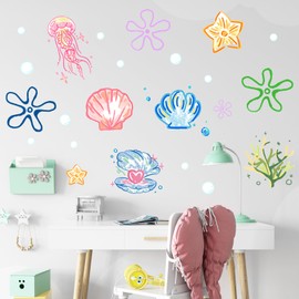 FYSUIMU 9 Sheets Under The Sea Wall Stickers Jellyfish Bubble Wall Decal Ocean Seashell Mural Sticker for Nursery Playroom Bedroom Living Room Decor, 7.9 x 11.8 Inch