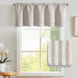 TOPICK Striped Short Kitchen Curtain Light Filtering Valance for Kitchen Windows Living Room 18 Inch Double Farmhouse Pinstripe Valance Overlay Valance Rod Pocket 1 Panel Taupe Grey on Beige