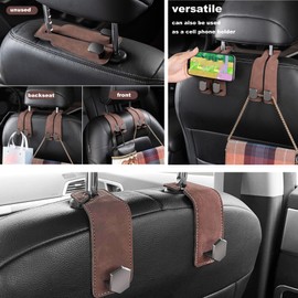 GCFTIFF 3PCS Car Seat Back Hook, Leather Car Seat Organiser Hooks, Universal Car Back Seat Headrest Hanger,Car Seat Purse Hook,Car Hanger Storage Car Seat Back Organizer for Bags,Purses (Brown)