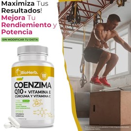 BioHerb® | Coenzima Q10 (CoQ10) 100 mg por Porción [Potenciada con: Vitamina E, C y Curcuma] 180 Capsulas de 500mg Mejora Rendimiento | Calidad Suprem