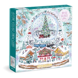 Galison Michael Storrings Alpine Village Snow Globe – 500 Piece Foil Puzzle of Christmas Snow Filled Mountains Artwork with Gold Foil Accents