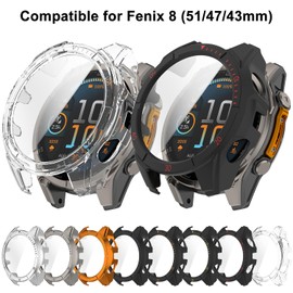 HXFRTYU 8 Pack Case for Garmin Fenix 8 AMOLED Screen Protector, Hard PC Bumper Overall Protective Tempered Glass Cover Accessories for Women Men (Garmin Fenix 8 51mm AMOLED)