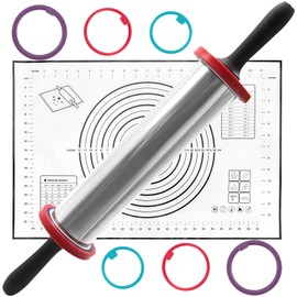 SHIKORI Rolling Pin,Adjustable Rolling Pin with Thickness Rings, Stainless Steel Dough Roller Baking Supplies for Pizza Pastry Fondant Pie Pasta-Black